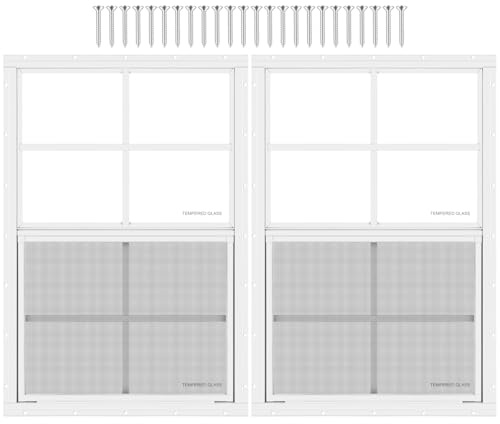 2 Stück Schuppenfenster 45,7 x 68,9 cm (B x H), Weiß, bündig montiertes Fenster mit gehärtetem Glas und abnehmbarem Bildschirm für Spielhäuser, Schuppen, Garage und Hühnerställe