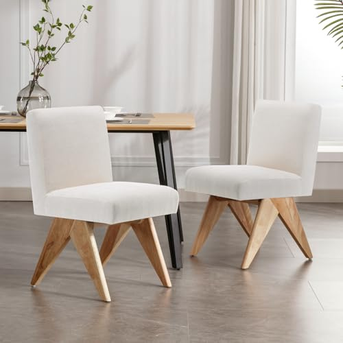chairus Set of 2 Kitchen Chairs for Dining Room Upholstered Dining Chairs in Chenille Retro Armless Side Chair with Wooden Legs (Beige-2)