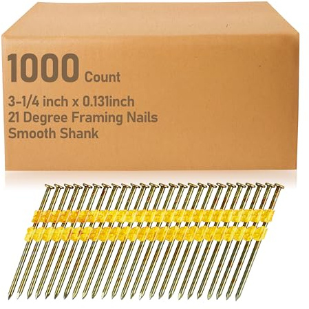 21 Degree Framing Nails | 3-1/4 Inch x .131 | for Metabo Framing Nail Gun | Full Round Head | Smooth Shank | High-Strength Painted | 1,000 Count