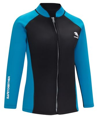 Mufeng Thermal Swimsuit Top Women Adult Long Sleeve Plain Color Wetsuit Jacket for Snorkeling Scuba Black&Light Blue 3XL