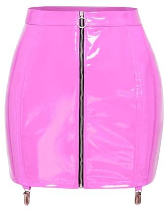 TiaoBug Damen Wetlook Rock Lack Leder Spitzen Minirock Kurz Eng Lederrock mit Reißverschluss Strumpfbändern Punk Gothic Kostüm Gogo Outfits Clubwear
