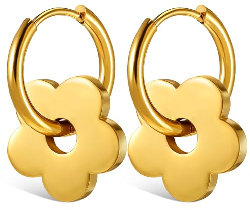 Pendientes de Aro con Diseño de Flores Dorados de Acero Inoxidable, 1 Par | Estilo Clásico y Elegante, Forma de Flor, Fáciles de Poner, para Fiestas Diarias y Thanksgiving
