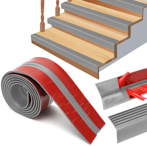Yuragim Perfil de borde de escalera autoadhesivo, perfil de borde de escalera de 4 m, perfil de ángulo gris, goma de PVC, protección para bordes de escaleras, autoadhesivo, antideslizante para