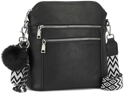 TANTOMI Umhängetasche Damen Mittelgroß, Crossbody Bags Handtasche Damen mit Vielen Fächern Schulterhandtasche mit Verstellbar Abnehmbar Breiter Gurt, Schwarz