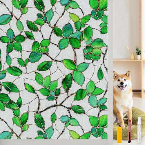 COUNTEWOL Window Privacy Film with Installation Tools Home Decorative Colored Glass Window Stickers Reusable electrostatic Rainbow Stickers (Frosted Greenery Leaf, 17.5 x 78.7 in)