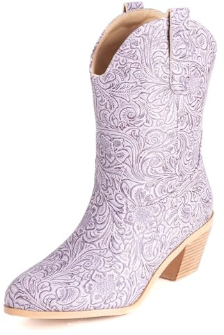 Diuniarza Femme Classique Bottes Western Ankle Bottillons Print A Enfiler Bottes Courtes Extérieur Hiver Bloc Rétro Bottes Chukka Violet Taille 34 EU
