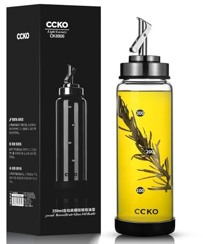 ALYBSOO Olivenöl Ölflasche Glas 350 ml – Bruchsicher und Auslaufsicher mit Edelstahl-Ausgießer und Gummiboden, Hitzebeständig für Öl und Essig (350 ML)