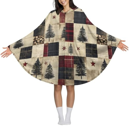 Albero di Natale Plaid Stampa Coperta Indossabile Con Cappuccio Poncho, Coperta Con Cappuccio Comodo Tiro Morbido Caldo Mantello Scialle Accogliente Mantello Avvolgente Con Cappuccio Per Donne Adulti