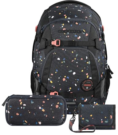 Coocazoo Schulrucksack-Set MATE „Sprinkled Candy“ 3-teilig, schwarz, ergonomischer 30L Tornister, mit Brust- und Hüftgurt für Kinder ab der 5. Klasse, inkl. Mäppchen und Geldbörse