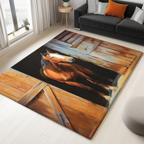 Generisch Teppich Waschbar rutschfest - Mehrfarbig Modern Tiere Holzhaus Pferd Kurzflor Teppich Flauschig Schmutzabweisend, Moderner Wohnzimmerteppich für Schlafzimmer Büro (120 x 160 cm)