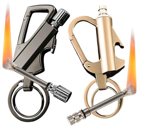 2 Pack Permanent Match Infinity Lighter with Keychain Bottle Opener, Reusable Waterproof Matchs Strike Fire Starter, Metal Fire Starters for Outdoor Adventures Survival (No Fuel)-Black+Gold