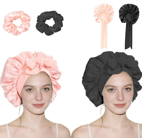2 Stück Atmungsaktive Satin Seidenhaube zum Schlafen, Verstellbare Schlafkappe Duschhauben mit Haargummis, Weiche Haarschutz Schlafmütze für Mädchen Damen Verschiedene Haartypen, mit 2 Stück Satin Ha