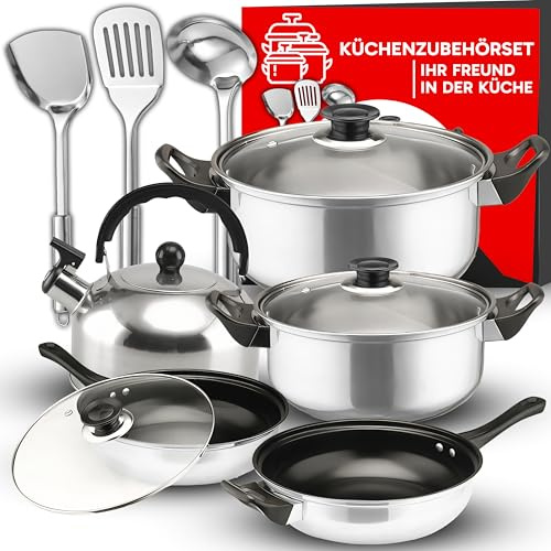 Retoo 11-teilig Topf und Pfannenset Induktion Kochtopf Set mit Glasdeckel, Wasserkocher, Topfset Edelstahl Bratpfanne Kühlbleibender Griff Spülmaschinengeeignet Durchmesser 22/24 cm