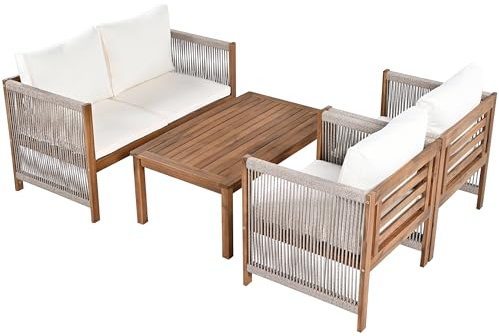YuQozii Loungeset, Gartenmöbel Set, mit bequemem Kissen, Sitzgruppe, Sitzgarnitur Terassenmöbel, Doppelsofa, 2 Sessel und Tisch, Outdoor, Tisch und Stühle, Rattenoptik, Akazie, grau, (Beige) (Beige)