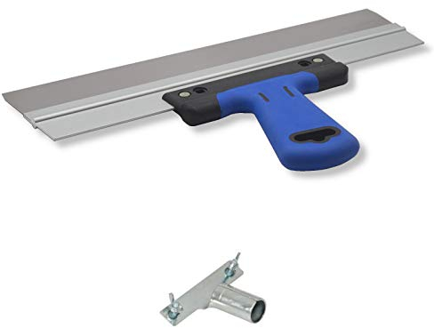 DEWEPRO® Edelstahl Fassadenspachtel inkl. Stielhalterung - Dekorspachtel - Flächenspachtel - Flächenrakel mit Aluhalter und 2-Komponenten Softgriff- Größe: 350x50mm