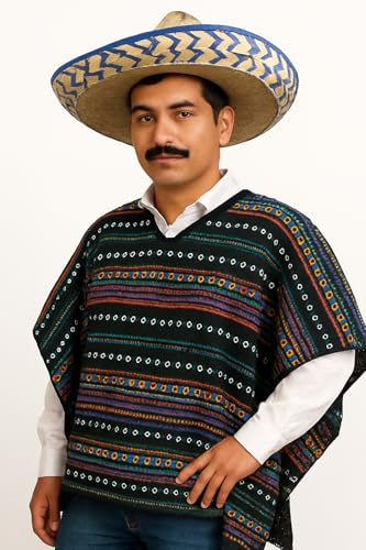 KarnevalsTeufel Kostüm Set Poncho und Sombrero 2-tlg. Hut Mexikaner und Poncho El Taco bunt gestreift in Einheitsgröße