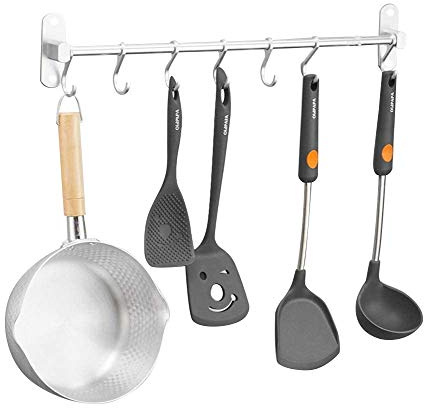 Yareta Mensole Cucina, Porta Utensili da Cucina con 7 Gancio, Barra Portautensili Cucina, Porta Mestoli da Cucina con Colla Brevettata, Alluminio, Finitura Opaca (Argento)