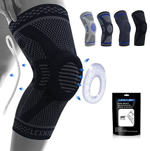 Lexniush Professional Knee Support for Men/Women, Anti Slip Knee Brace Compression Sleeve with Patella Gel Pads & Side Stabilizers for Arthritis,Knee Pain,Meniscus Tear,ACL,Running,Sports Black L