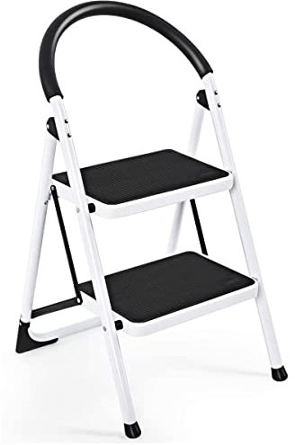 GYMAX Scaletta Pieghevole a 2 Gradini Antiscivolo, Scala Libretto da Lavoro, in Metallo, Maniglione di Sicurezza, Portata Max. 150kg, Salvaspazio e Pratico, 47x49,5x84 cm