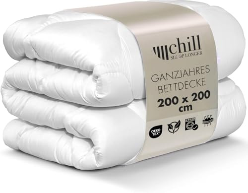 chill SLEEPLONGER Ganzjahresdecke 200x200 - Bettdecke 200x200 Leicht - Atmungsaktiv & Waschbar & 100% Vegan - Steppdecke mit Klimanetz & Schlafkomfort Leiste - 1180g Füllung