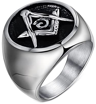 Bishilin Herren Ringe Edelstahl, Ringe mit Gravur Personalisiert Freimaurerei Masonic G Siegelring Männer Ring Silber Freundschaftsringe Gr.70 (22.3)