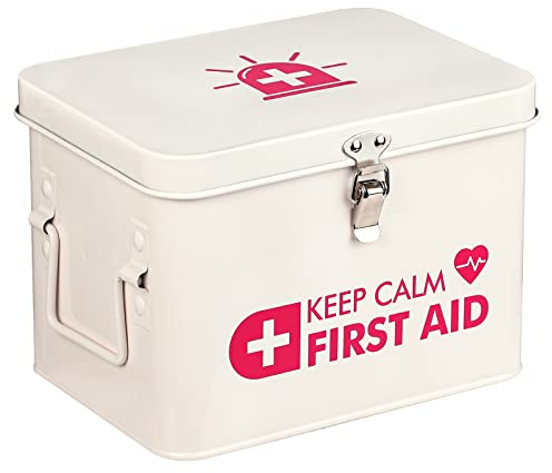 Kamehame First Aid Box, Keep Calm First Aid Medicine Storage Bin with Lid, Vintage Metal First Aid Organizer Empty Box for Home Emergency Tool Set, Latch Closure, Removable Tray and Side Handles