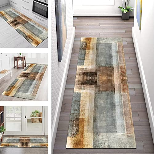 Teppichmatte Korridor Teppich Flur Läufer Braun Grün Küche rutschfest Teppichläufer 80X300CM Küchenläufer Waschbar Anti-Rutsch, Tepiche für Wohnzimmer Schlafzimmer Esszimmer Küchenteppich Meterware