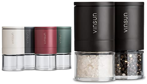 Vinsun Macina pepe e sale manuale - Set di 2 nero - Macinino ceramica regolabile, acciaio inox, vetro acrilico - Macina spezie piccolo ø51x100mm