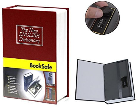 Tikono - Cassaforte a forma di libro segreto, con serratura, con serratura a combinazione, per soldi, contanti, gioielli, pistole, password, colore: rosso