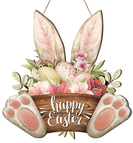 Barydat 1 Pcs Easter Wreaths for Front Door Bunny Welcome Wood Sign Door Hanger Spring Decorations Easter Hanging Plaque Rabbit Sign Decorations for Home Shop Garden (11.81 Inch)