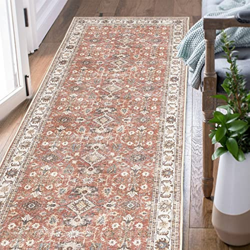 TOPICK Tapis Couloir 60x180cm Vintage de Décoration Lavable en Machine Long Passage Floral Rouge Brique Descente de Lit Poil Ras Antidérapant pour Salle à Manger Cuisine Escalier