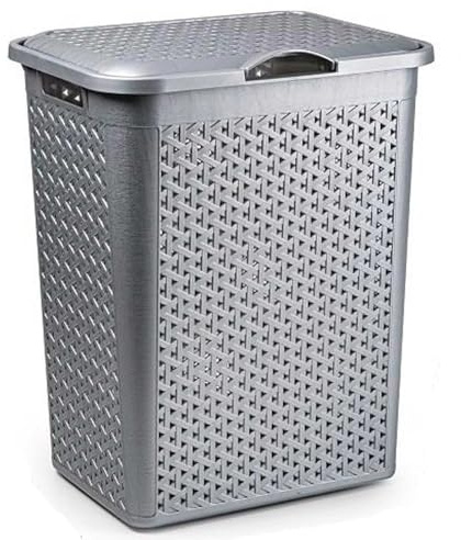 Tradineur - Cesto para Ropa Sucia con Tapa y Asas, pongotodo de plástico, Cubo para Colada, imitación de Mimbre, Fabricado en España (Plata - 38 litros - 49 x 38,5 x 29,5 cm)