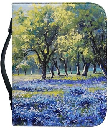 Kuiaobaty Malerei Wald Blumen Bibeltasche für Damen, Bäume lila Blumen Kunstleder Buchhülle mit Reißverschluss, kleines Lager, 4 Größen