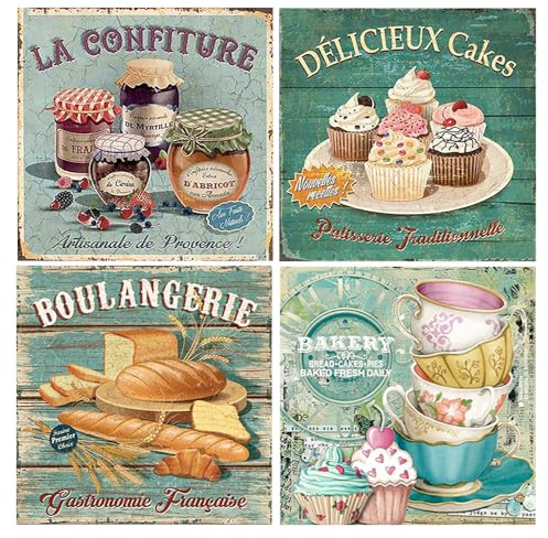 DCIDBEI Set of 4 Diamond Paintings Vintage 30 x 30 cm Embroidery Poster Diamond Painting Kitchen Coffee Bread Jam