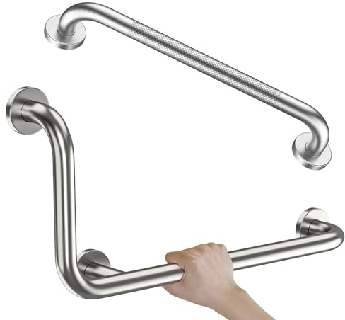 Zepolu Haltegriff aus gebürstetem Nickel, L-förmig, 30,5 x 61 cm + gerändelter Dusch-Haltegriff, 50,8 cm, Zepolu Edelstahl-WC-Sicherheitsstange, 90 Grad, abgewinkelte Balance-Stützstange,