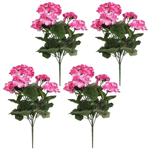 FOERPL Künstliche Geranien, Seide, Rosa, UV-beständig, für Gartenpflanzen, Strauch, Heimdekoration, 35,6 cm, 4 Stück