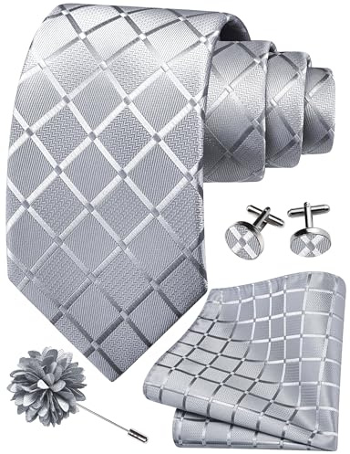Gusleson Mens Light Grey Tie Plaid Checkered Wedding Necktie Pocket Square Cufflinks and Lapel Pin Brooch Set (UK6104-03)
