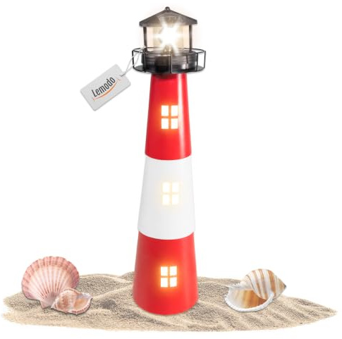 NATIV LEMODO Gartendeko Leuchtturm, Dekoleuchte für den Garten mit solarbetriebenem, rotierendem Leuchtfeuer, aus Metall, Maritime Außendeko mit LED-Beleuchtung