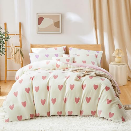 Covebett Flanell Bettwäsche 155x220 Weiß mit Rosa Herzen Winter Warm Fleece Plüsch Winterbettwäsche Cashmere Touch Coral Fleece Flauschig Bettbezug mit Reißverschluss und 1 Kissenbezug 80x80cm