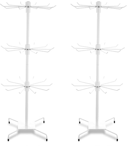 Lemecima 2 Pcs Rotating Jewelry Display Rack with Hooks Metal Earrings Display Stand for Selling Necklace (White, 3 Tires)
