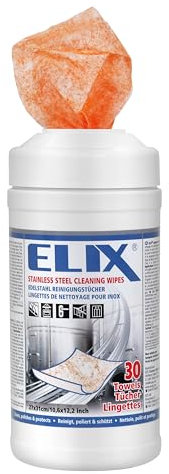 ELIX Lingettes de Nettoyage pour Inox - Pour l'Acier Onoxydable, l'Aluminium, la Céramique, le Chrome, le Cuivre et le Laiton - 30 pièces dans le Distributeur - Chiffons Humides 27 * 31cm Orange
