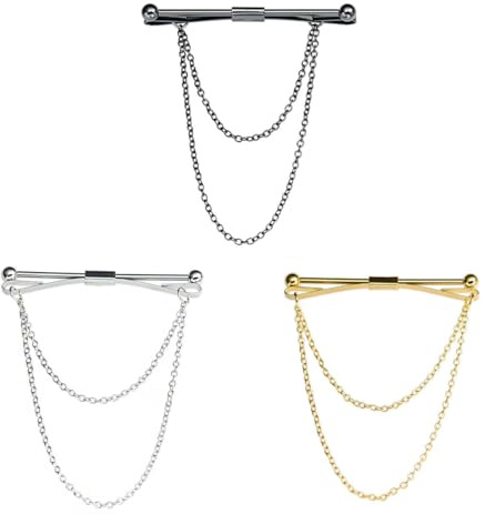 Sarini Lot de 3 épingles à Cravate pour col de Chemise pour Homme avec chaîne, Accessoires de Costume pour la Saint-Valentin, Un Anniversaire, Une réunion, Une Date, en Alliage