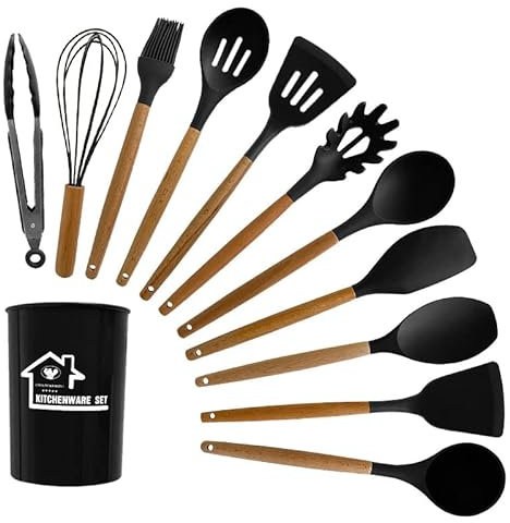Küchenhelfer Set 12-teilig - Silikon Kochutensilien & Kochbesteck Set - Hitzebeständig, BPA-frei & spülmaschinenfest - Antihaft Küchenutensilien Kochgeschirr mit Utensilienhalter - Schwarz