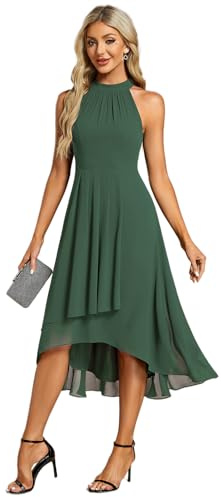 Ever-Pretty Robe Mariage Invitée Femme Épaules Dénudée Plissé High Low sans Manches Mousseline Ourlet Irrégulier Chic Vert Eucalyptus 44
