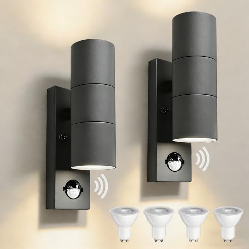 JNR 2 Pack Edelstahl LED Außenlampe mit Verstellbar PIR Bewegungsmelder Dämmerungsschalter, IP54 Wasserdichte Up Down 230V Aussenlampe 2x5W GU10 3000K Warmweiß Glühbirne Wandleuchte, Anthrazit Grau