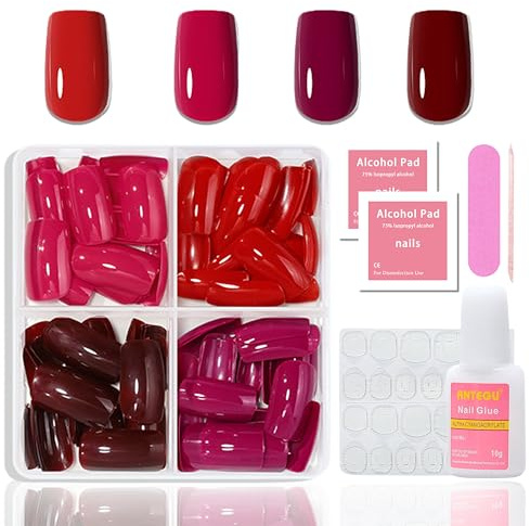 96PCS Press on Nails Kurz Quadratisch- Französisch Falsche Nägel Zum Aufkleben - Falsche Nägel Tips Set Nail Art Manicure Fake Nails, Natürliches & angenehmes Tragegefühl für Frauen (Rot, Mittel)
