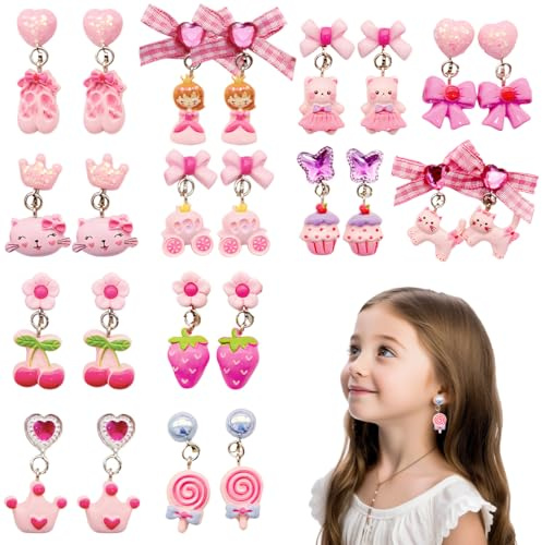 ZILZUFA 12 Paires Boucles d'oreilles Clip Fille Enfants, Rose Rouge Nœud Filles Non Piercing Boucles d'oreilles Princesse Bijoux Accessoires Fête Anniversaire Cadeau