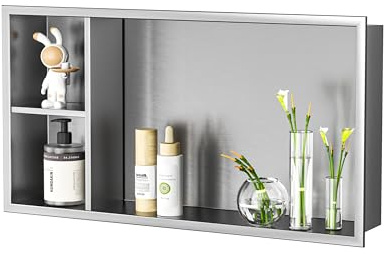 Bernkot Stainless Steel Shower Niche 24 X 12 Brushed No Tile Needed Wall Niche with Shelf Recessed Horizontal Niches for Bathroom Storage