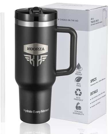 NOORZA Mug Isotherme 1,18L Acier Inoxydable 18/8 – Tumbler Grande Capacité avec Poignée, Paille et Couvercle Étanche – Double Paroi Sans BPA – Garde le Chaud et le Froid Pendant des Heures-Noir