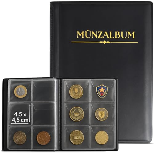 Münzalbum 2 Euro – kleines Münzsammelalbum aus Kunstleder – Coin Album für Münzsammlung & Münzen Aufbewahrung – Mini münzbuch mit 60 Taschen (4,5 × 4,5 cm pro Fach)